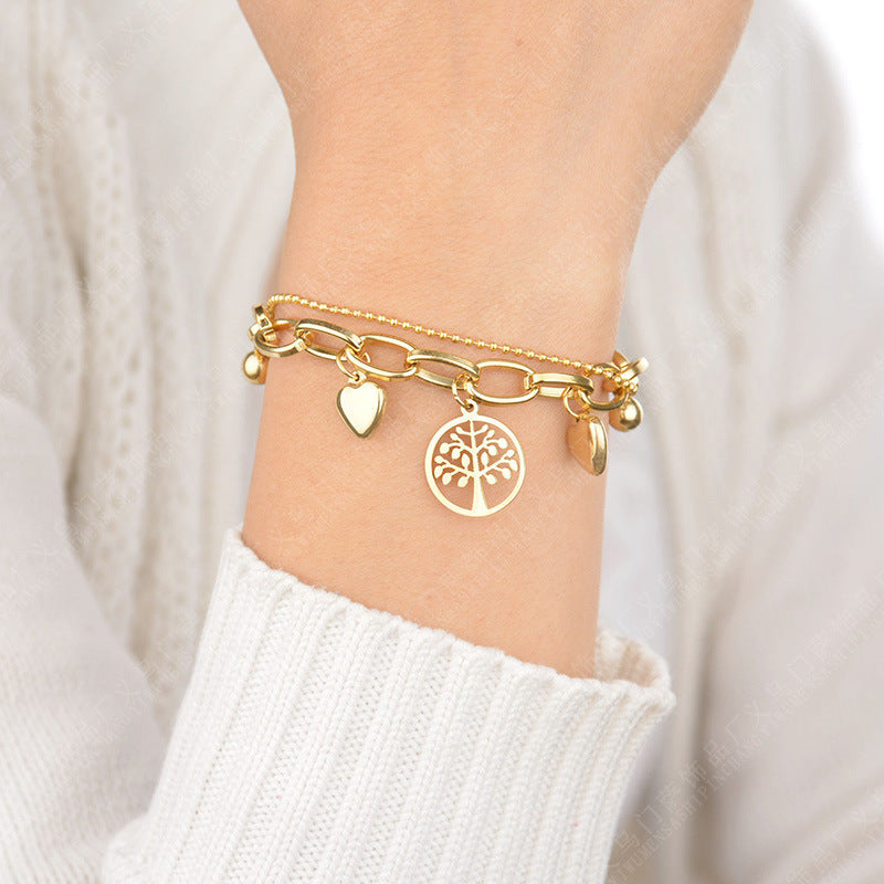 Ladies Golden Tree Of Life Double Bracelet